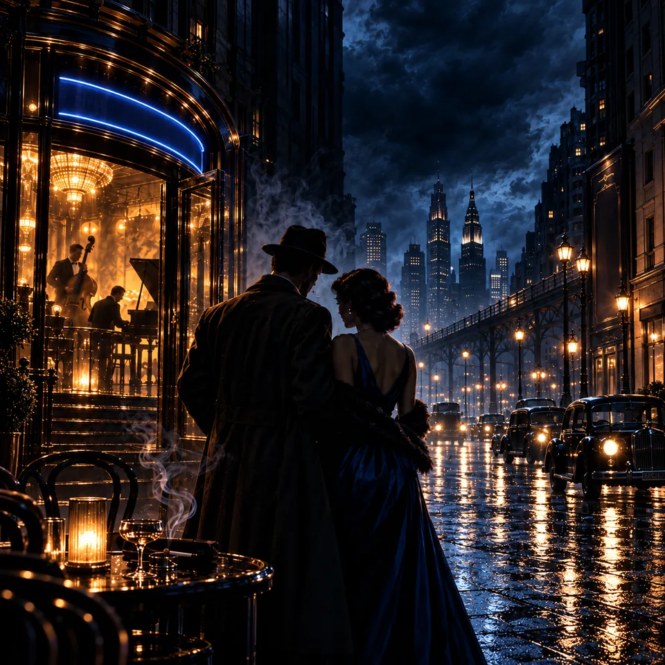 A moody moonlit waterfront with an antique streetlamp