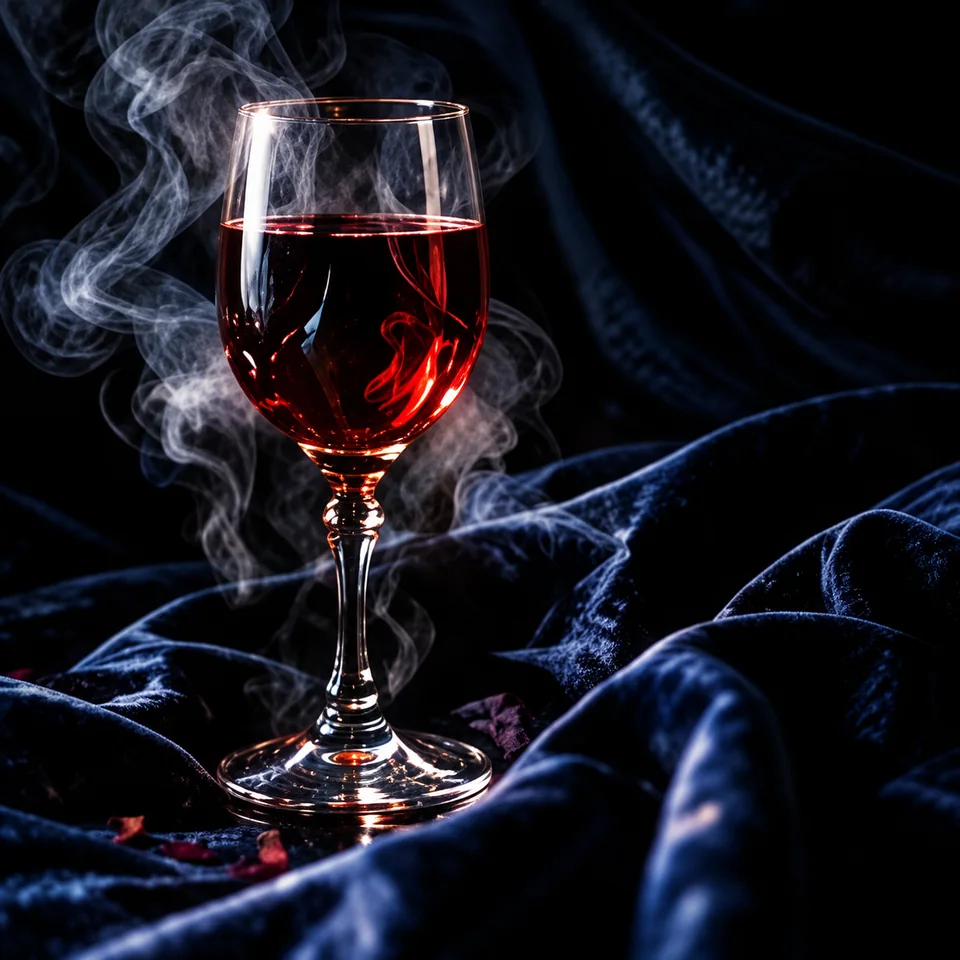 A ruby-red glass in an elegant candlelit gothic setting