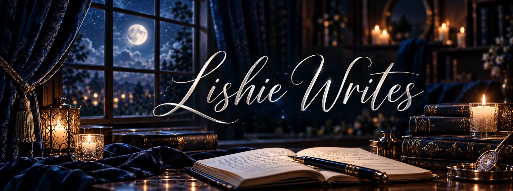 Lishie Writes in silver script across a candlelit moonlit writing desk